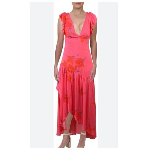 Free People Tropical Hawaiian Hibiscus Hot Pink Floral Maxi  Drtess Sz 4 # 1513 - Picture 1 of 13